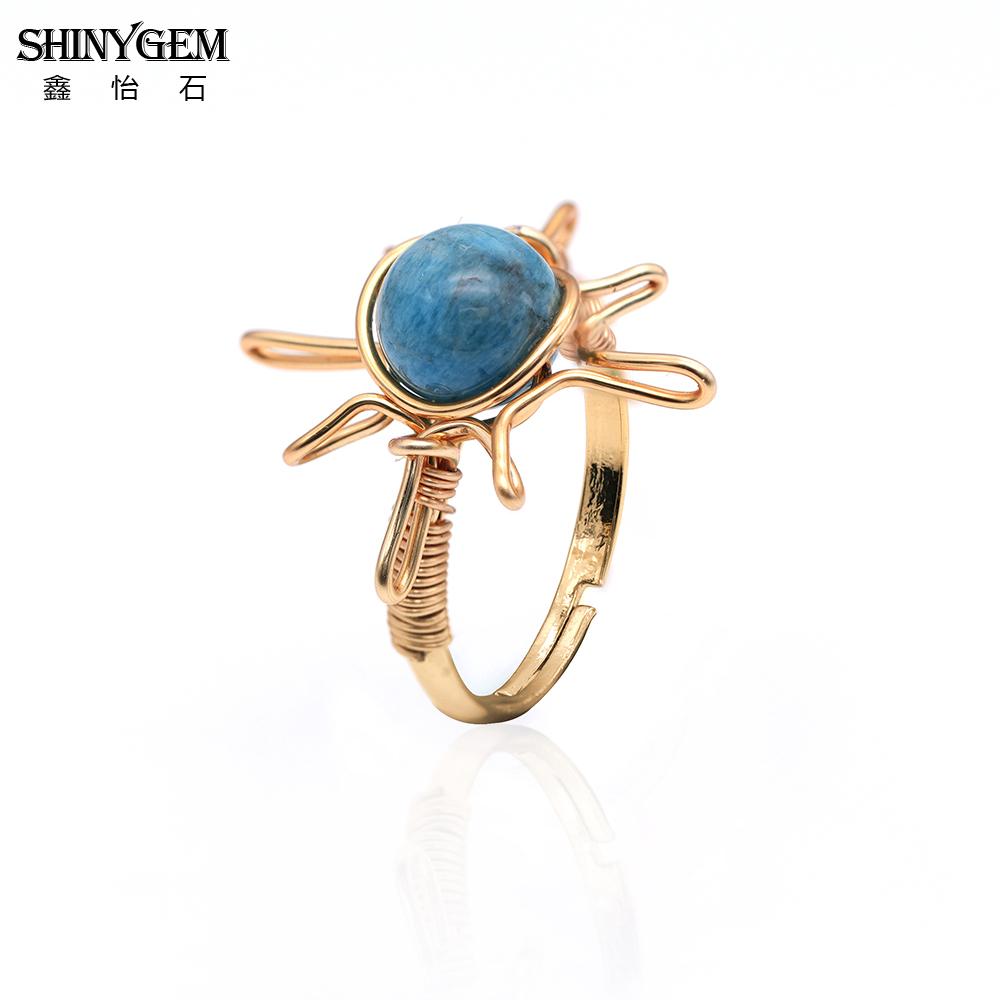 SHINYGEM Handmade Wrapped 18K Gold Plated Opening Adjustable Baroque Ring Women Blue Apatite Phosphorus Gem Handcrafted Ring