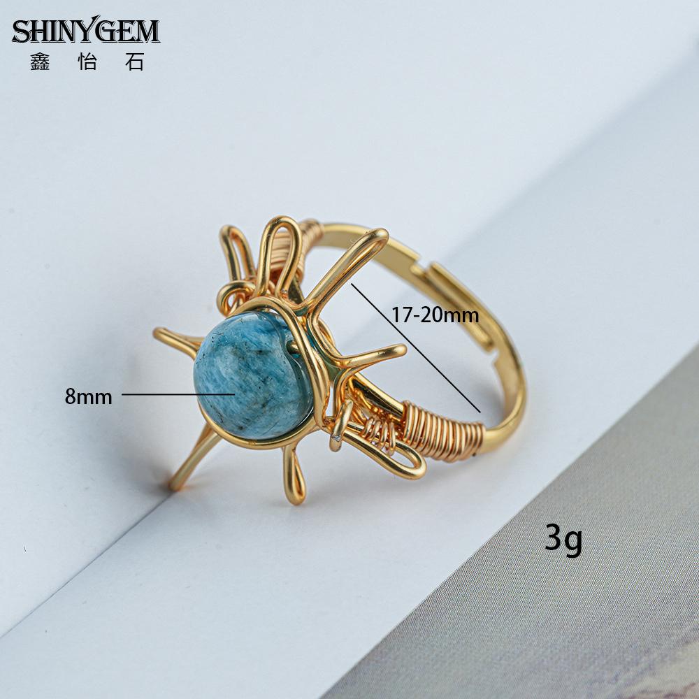 SHINYGEM Handmade Wrapped 18K Gold Plated Opening Adjustable Baroque Ring Women Blue Apatite Phosphorus Gem Handcrafted Ring