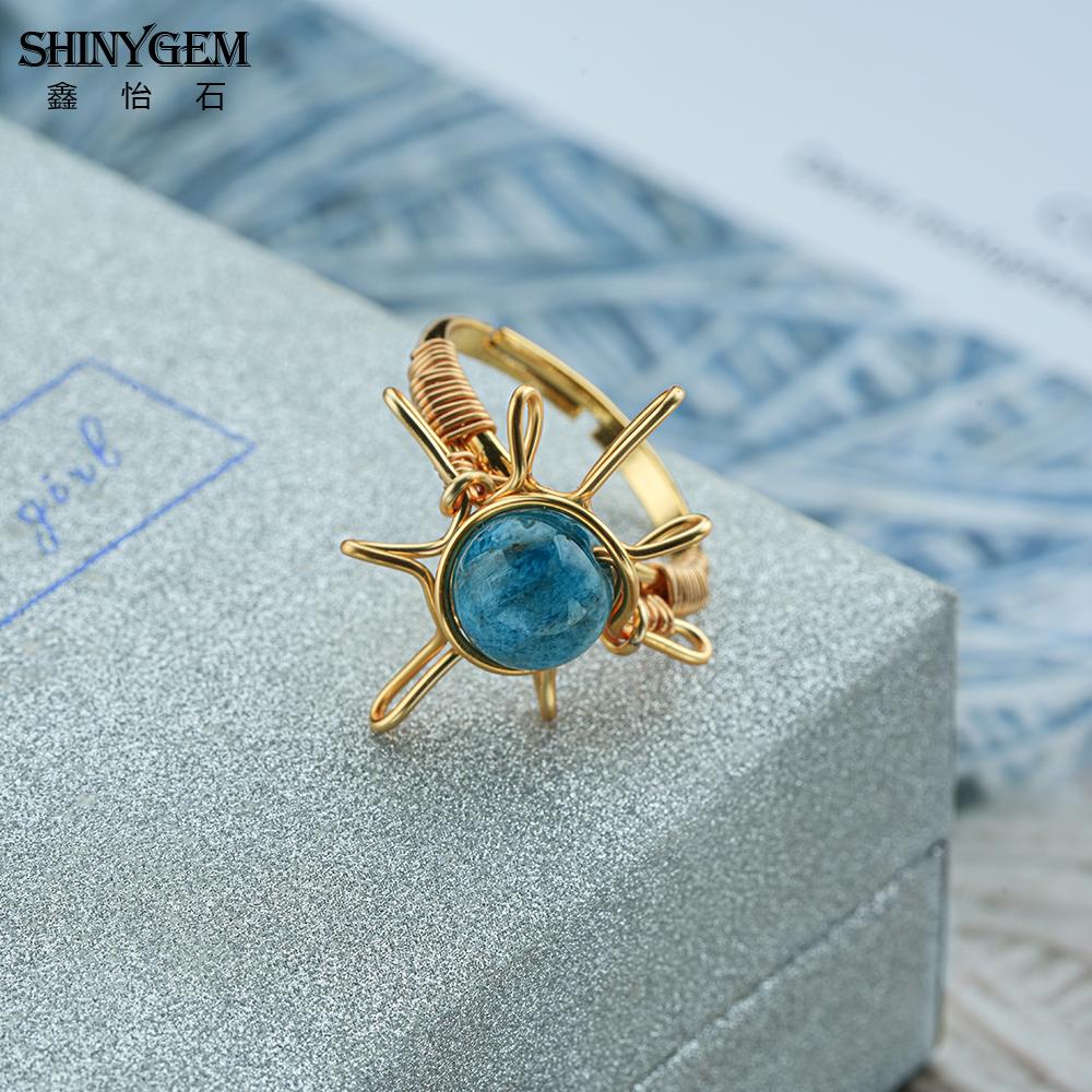 SHINYGEM Handmade Wrapped 18K Gold Plated Opening Adjustable Baroque Ring Women Blue Apatite Phosphorus Gem Handcrafted Ring