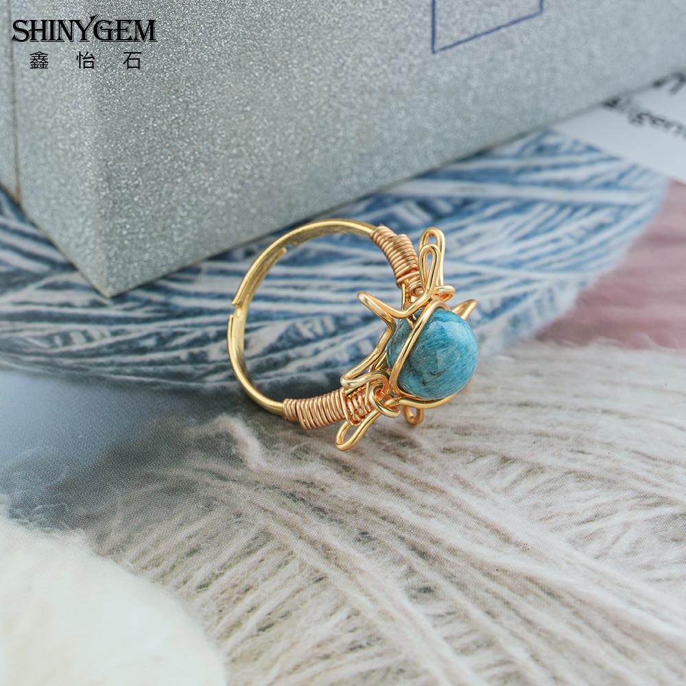 SHINYGEM Handmade Wrapped 18K Gold Plated Opening Adjustable Baroque Ring Women Blue Apatite Phosphorus Gem Handcrafted Ring