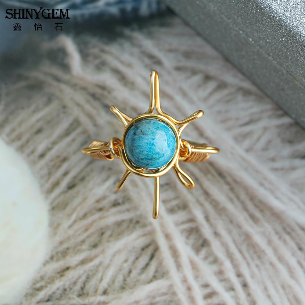 SHINYGEM Handmade Wrapped 18K Gold Plated Opening Adjustable Baroque Ring Women Blue Apatite Phosphorus Gem Handcrafted Ring