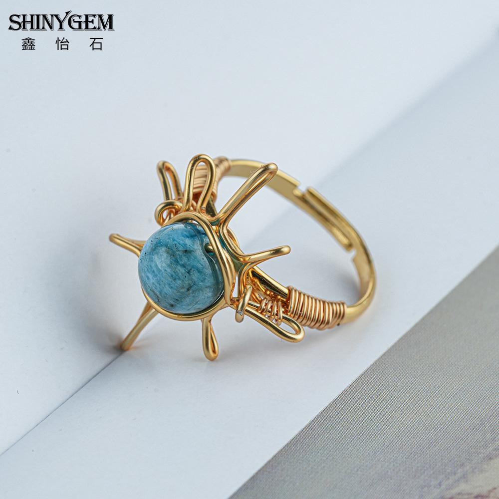 SHINYGEM Handmade Wrapped 18K Gold Plated Opening Adjustable Baroque Ring Women Blue Apatite Phosphorus Gem Handcrafted Ring