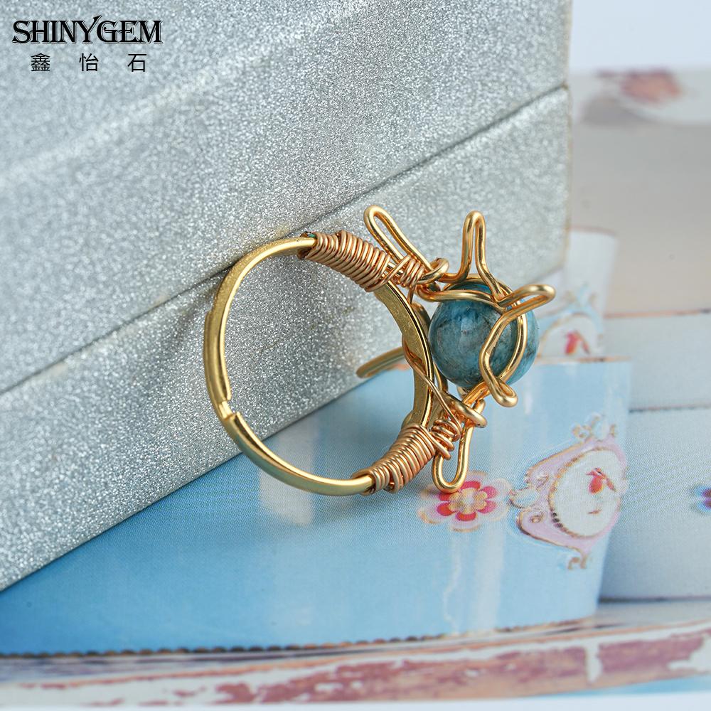 SHINYGEM Handmade Wrapped 18K Gold Plated Opening Adjustable Baroque Ring Women Blue Apatite Phosphorus Gem Handcrafted Ring