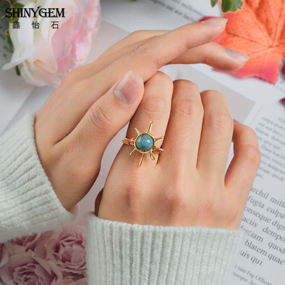 SHINYGEM Handmade Wrapped 18K Gold Plated Opening Adjustable Baroque Ring Women Blue Apatite Phosphorus Gem Handcrafted Ring