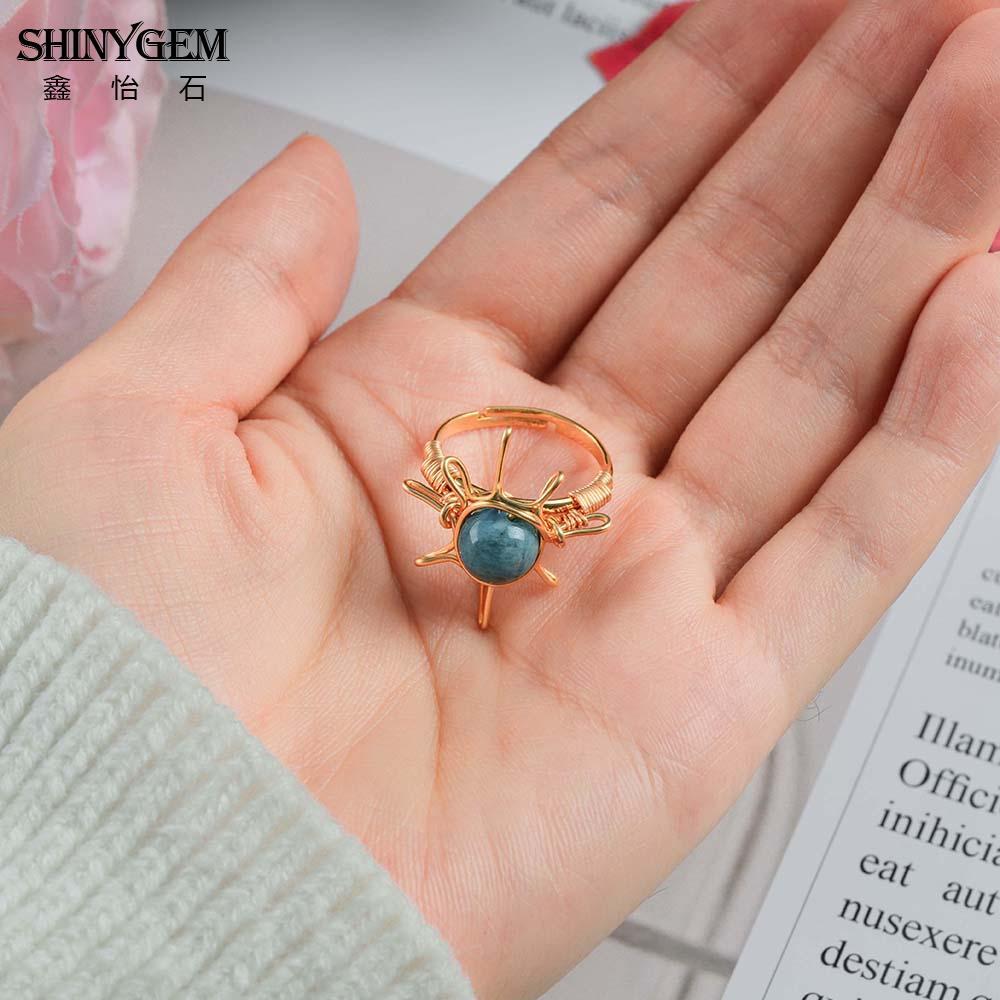 SHINYGEM Handmade Wrapped 18K Gold Plated Opening Adjustable Baroque Ring Women Blue Apatite Phosphorus Gem Handcrafted Ring