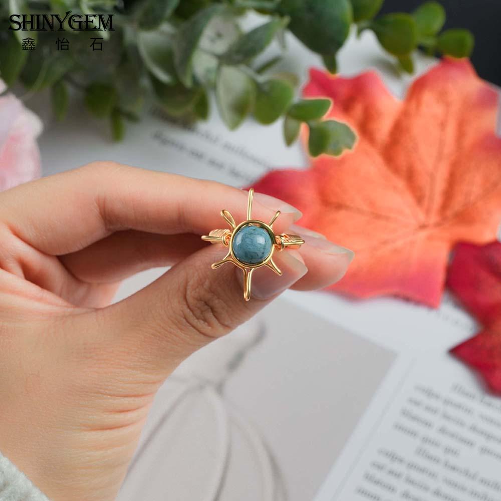 SHINYGEM Handmade Wrapped 18K Gold Plated Opening Adjustable Baroque Ring Women Blue Apatite Phosphorus Gem Handcrafted Ring