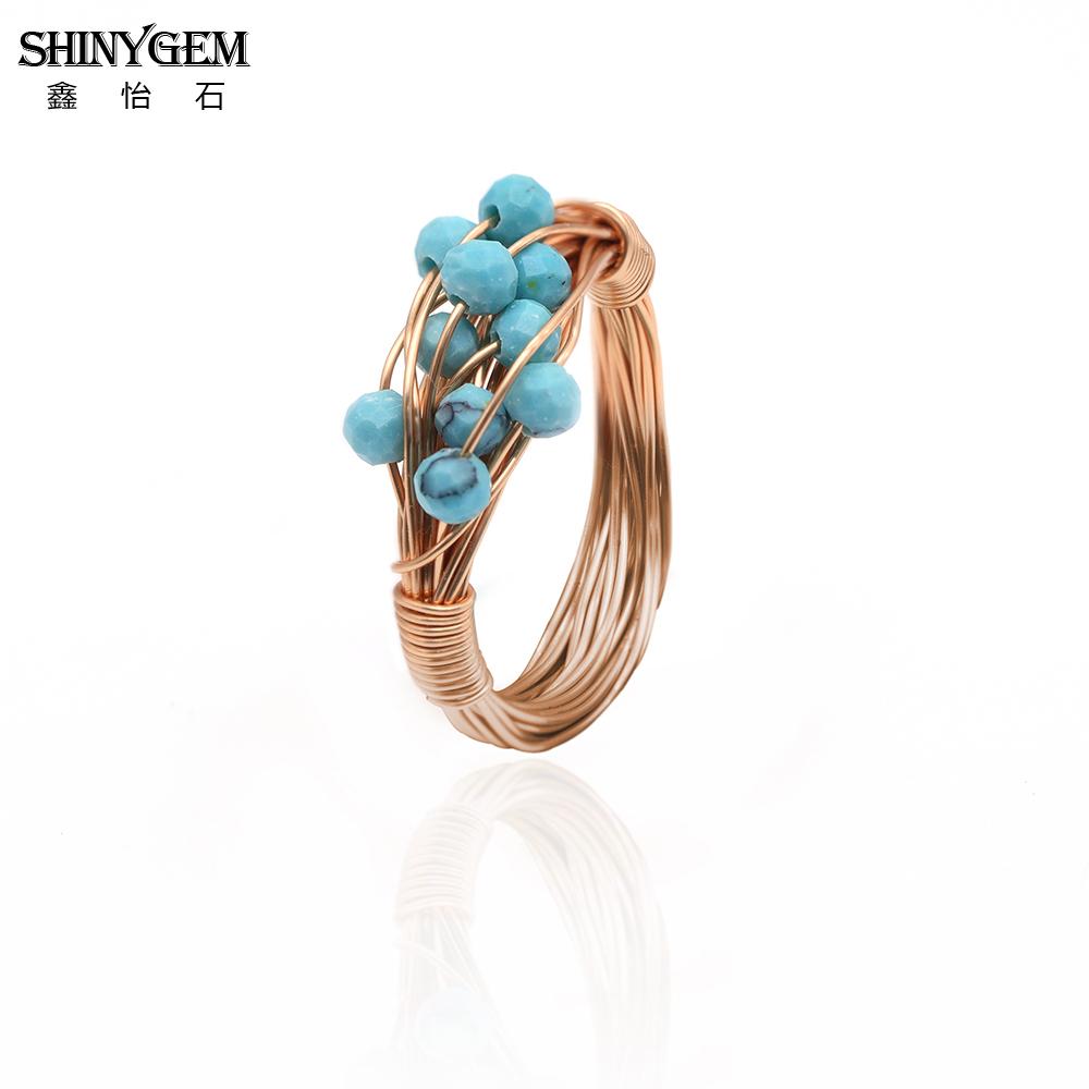 SHINYGEM Handcrafted Beaded Blue Natural Turquoise Ring Retro Women Decoration 18K Gold Plated Lady's Gift Resizable Ring