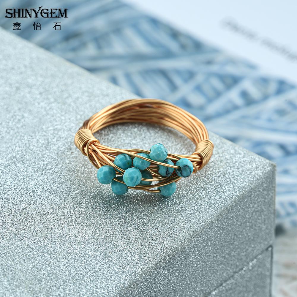 SHINYGEM Handcrafted Beaded Blue Natural Turquoise Ring Retro Women Decoration 18K Gold Plated Lady's Gift Resizable Ring
