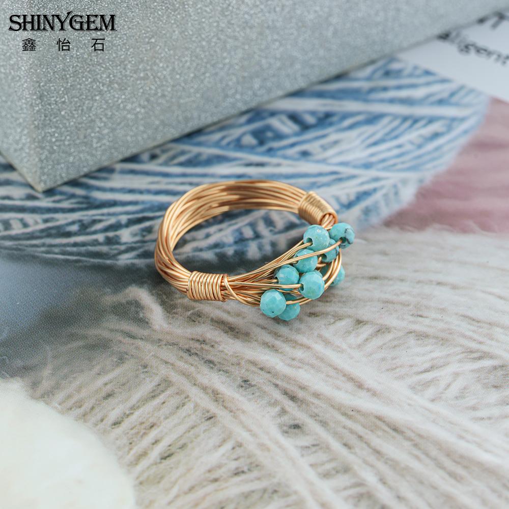 SHINYGEM Handcrafted Beaded Blue Natural Turquoise Ring Retro Women Decoration 18K Gold Plated Lady's Gift Resizable Ring