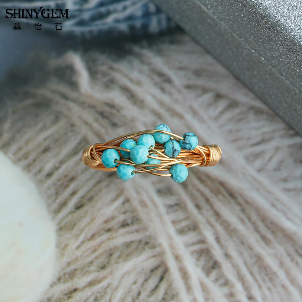 SHINYGEM Handcrafted Beaded Blue Natural Turquoise Ring Retro Women Decoration 18K Gold Plated Lady's Gift Resizable Ring