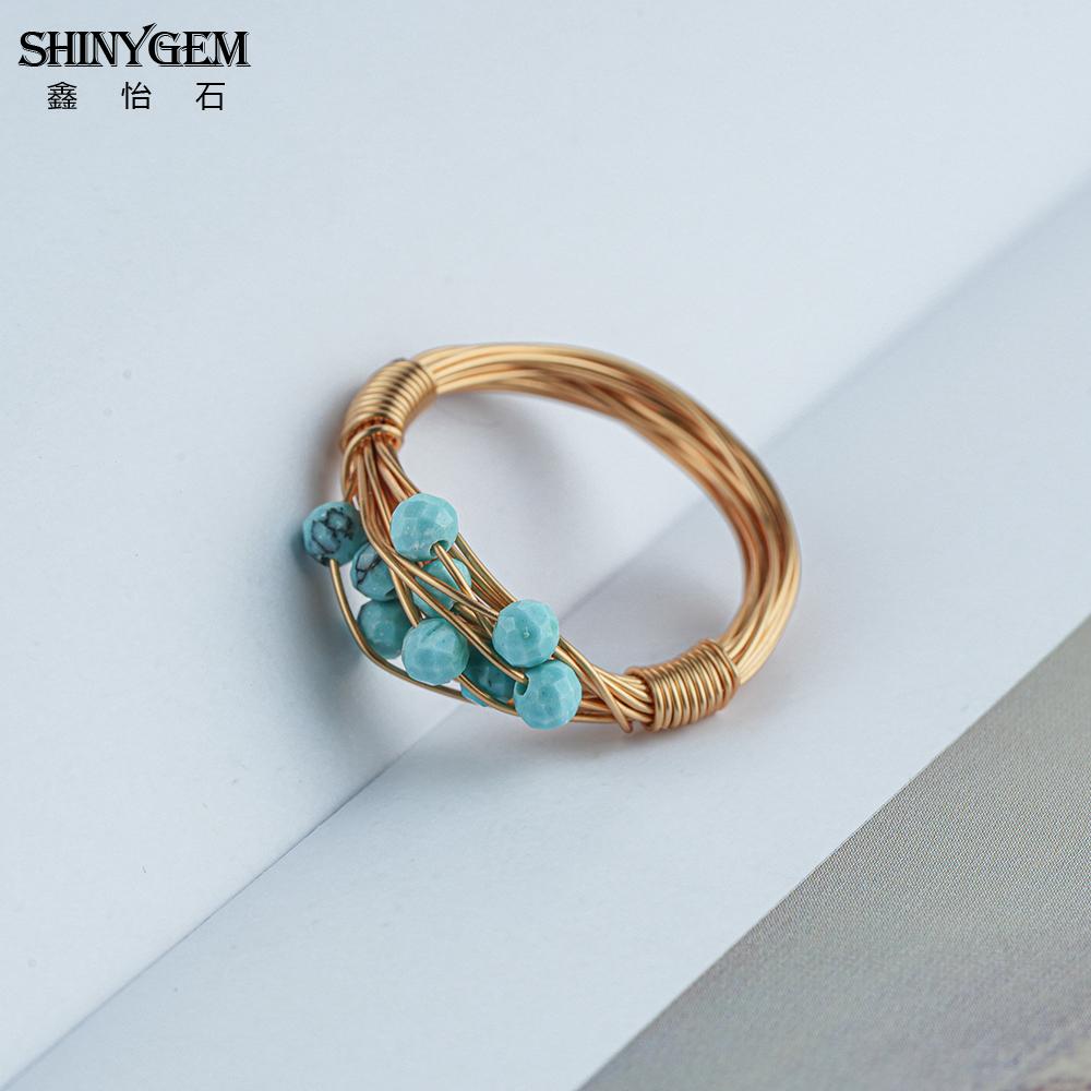 SHINYGEM Handcrafted Beaded Blue Natural Turquoise Ring Retro Women Decoration 18K Gold Plated Lady's Gift Resizable Ring