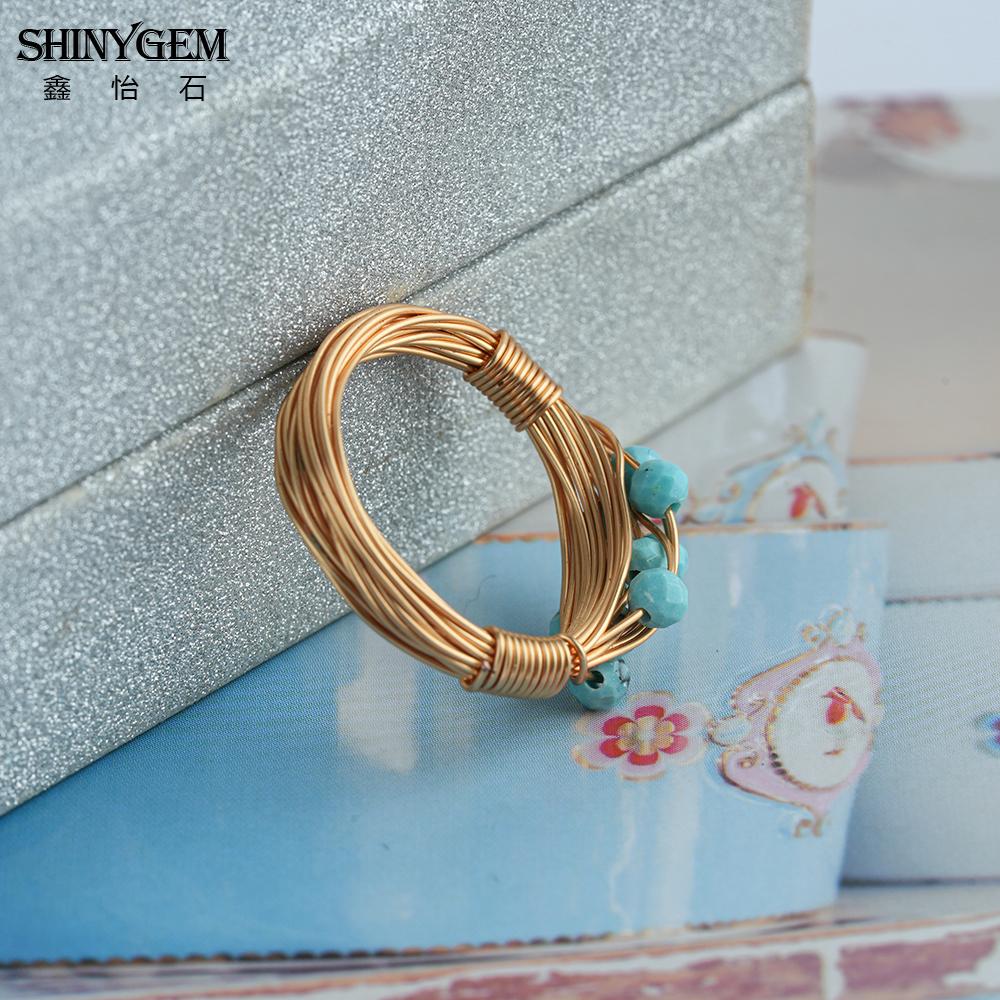 SHINYGEM Handcrafted Beaded Blue Natural Turquoise Ring Retro Women Decoration 18K Gold Plated Lady's Gift Resizable Ring