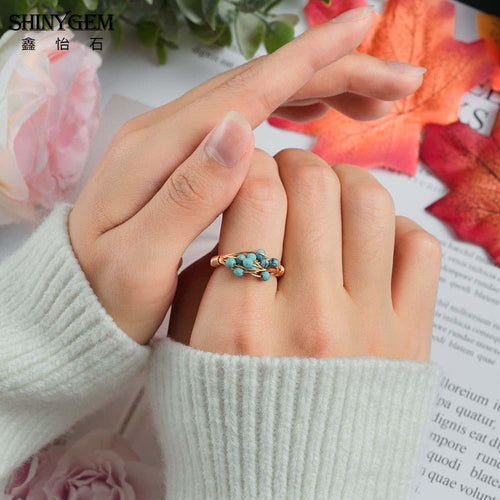 SHINYGEM Handcrafted Beaded Blue Natural Turquoise Ring Retro Women Decoration 18K Gold Plated Lady's Gift Resizable Ring