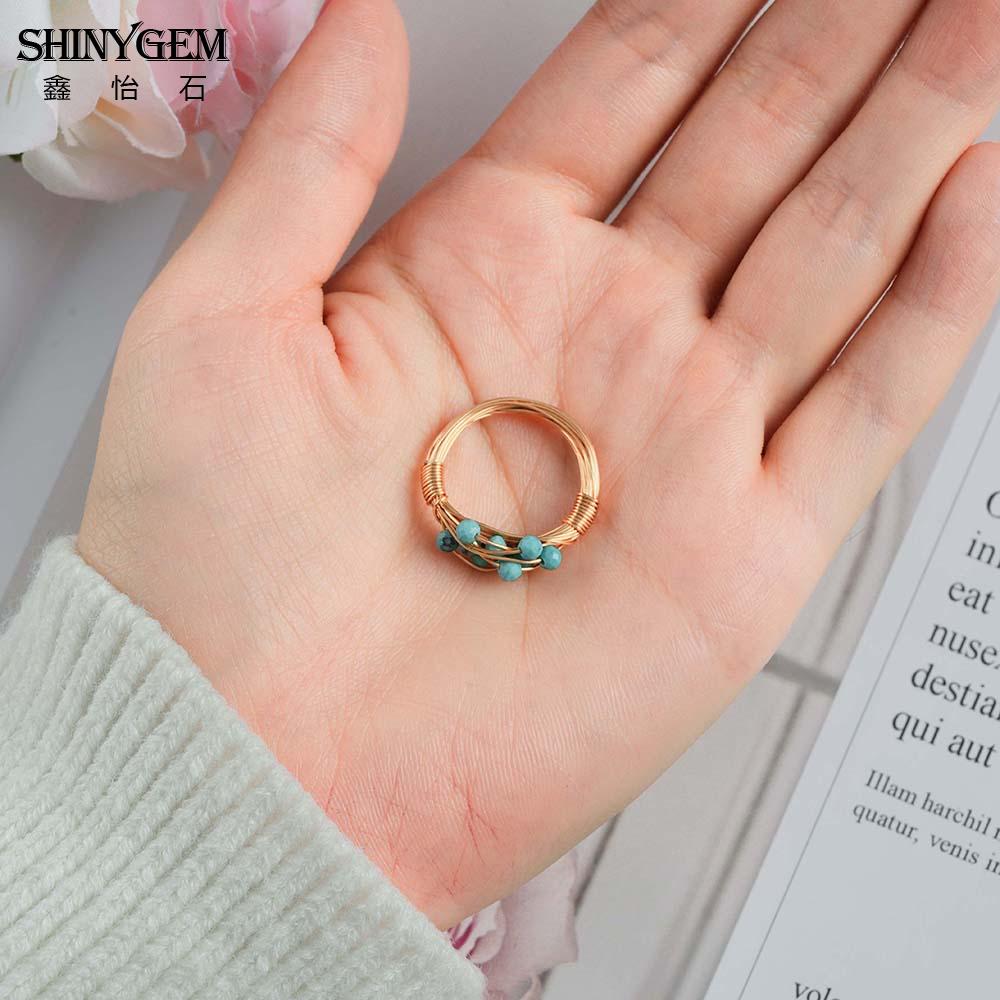 SHINYGEM Handcrafted Beaded Blue Natural Turquoise Ring Retro Women Decoration 18K Gold Plated Lady's Gift Resizable Ring