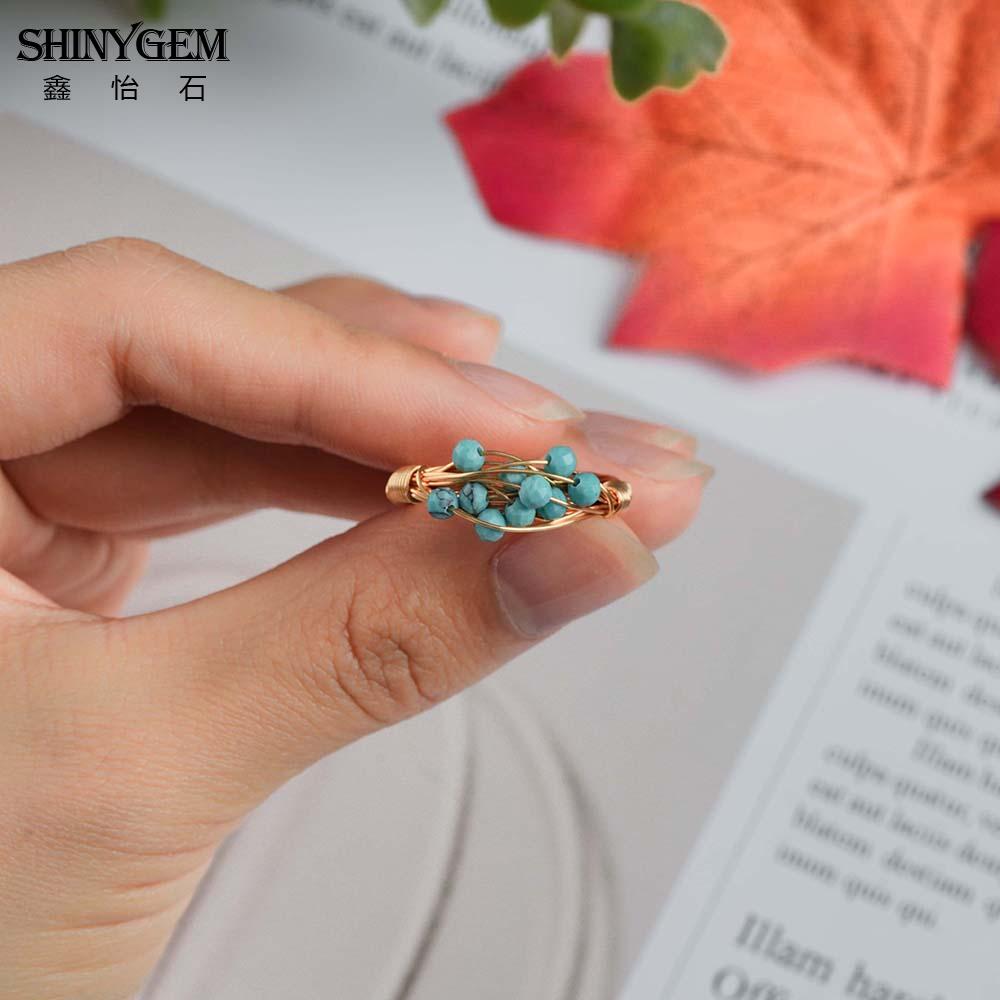SHINYGEM Handcrafted Beaded Blue Natural Turquoise Ring Retro Women Decoration 18K Gold Plated Lady's Gift Resizable Ring