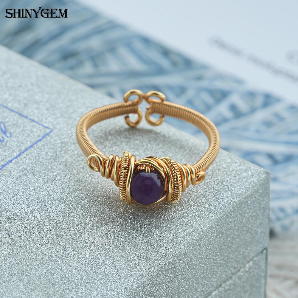 Shinygem Natural Amethyst Hand-Wrapped Ring, Adjustable, Elegant And Fashionable Luxury Gold Plated Women's Jewelry