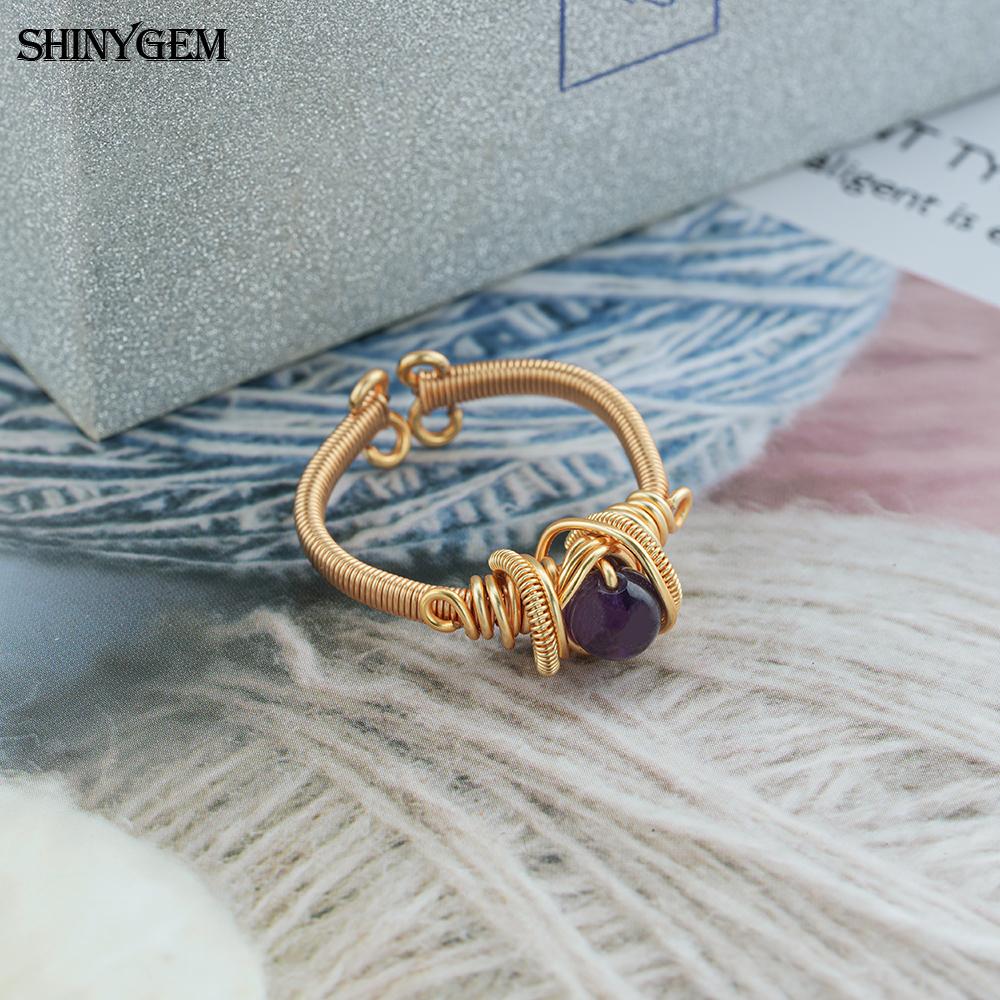 Shinygem Natural Amethyst Hand-Wrapped Ring, Adjustable, Elegant And Fashionable Luxury Gold Plated Women's Jewelry