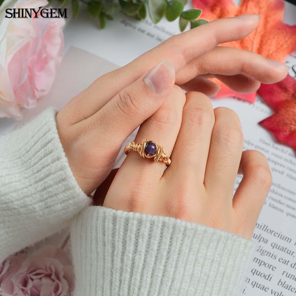 Shinygem Natural Amethyst Hand-Wrapped Ring, Adjustable, Elegant And Fashionable Luxury Gold Plated Women's Jewelry