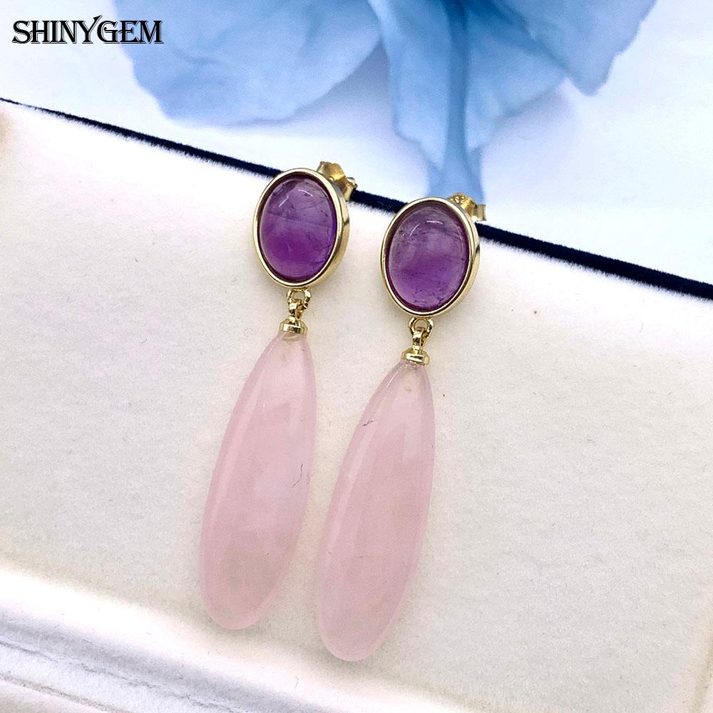 SHINYGEM Natural Stone Dangle Earrings, 925 Sterling Silver, Strawberry Crystal Amazonite Obsidian Tiger Eye Gemstone Pendant Earrings for Women
