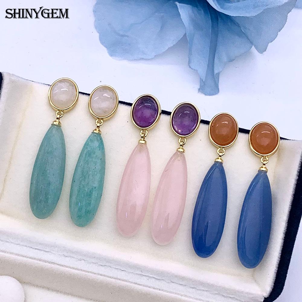 SHINYGEM Natural Stone Dangle Earrings, 925 Sterling Silver, Strawberry Crystal Amazonite Obsidian Tiger Eye Gemstone Pendant Earrings for Women