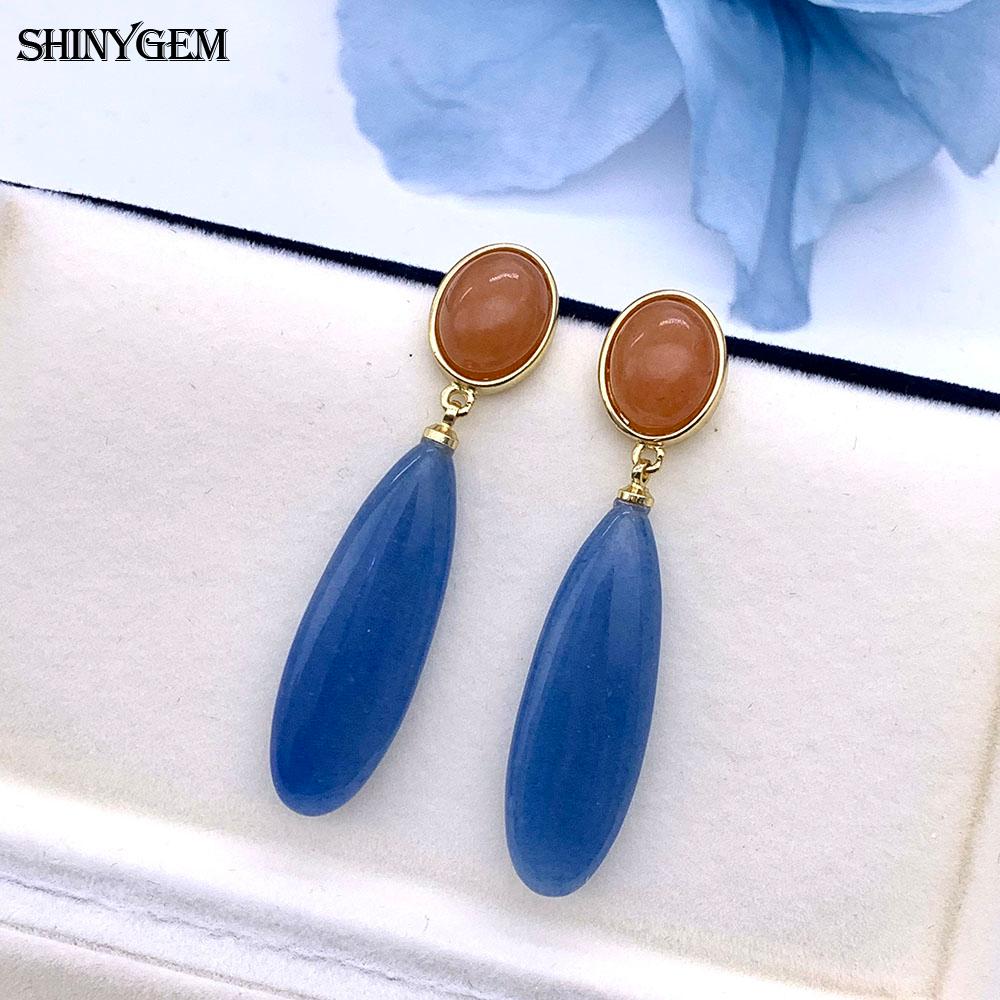 SHINYGEM Natural Stone Dangle Earrings, 925 Sterling Silver, Strawberry Crystal Amazonite Obsidian Tiger Eye Gemstone Pendant Earrings for Women