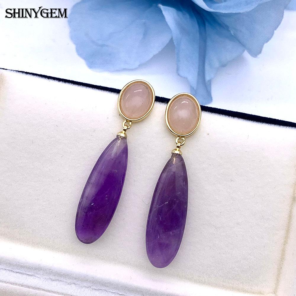 SHINYGEM Natural Stone Dangle Earrings, 925 Sterling Silver, Strawberry Crystal Amazonite Obsidian Tiger Eye Gemstone Pendant Earrings for Women