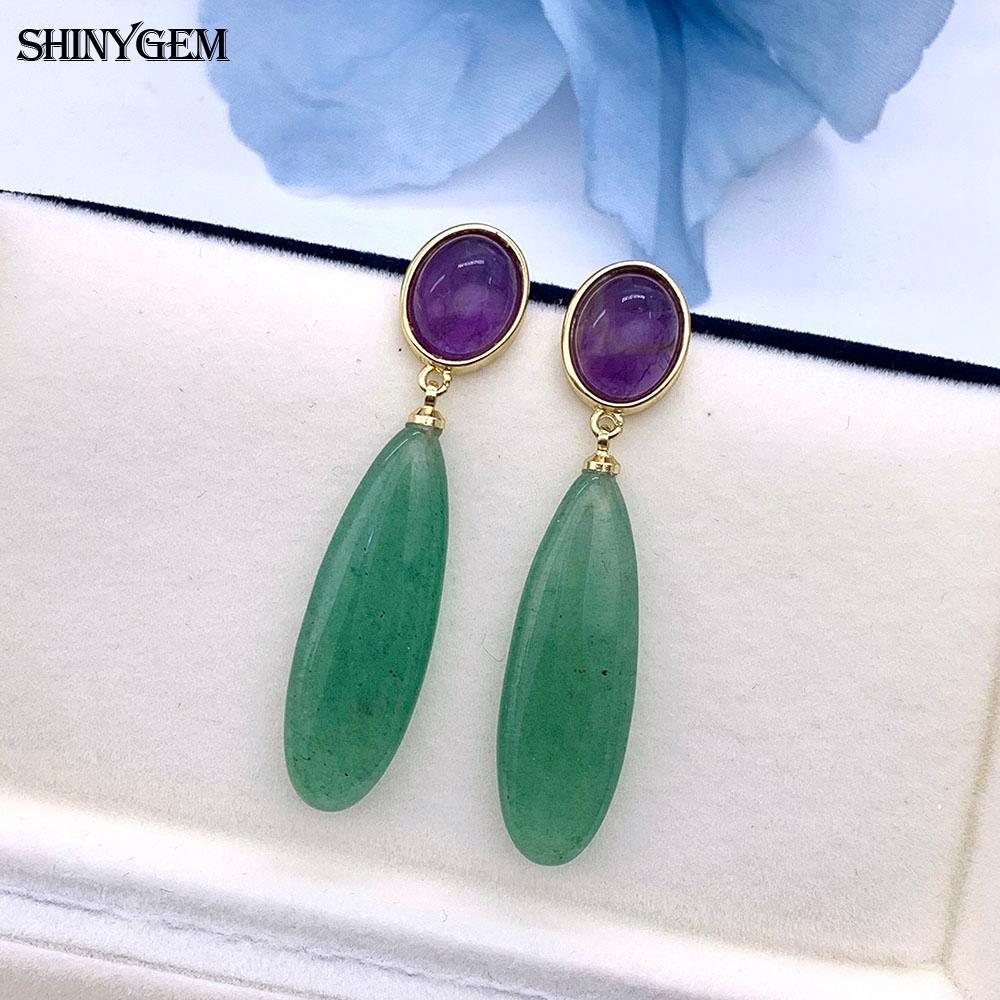 SHINYGEM Natural Stone Dangle Earrings, 925 Sterling Silver, Strawberry Crystal Amazonite Obsidian Tiger Eye Gemstone Pendant Earrings for Women