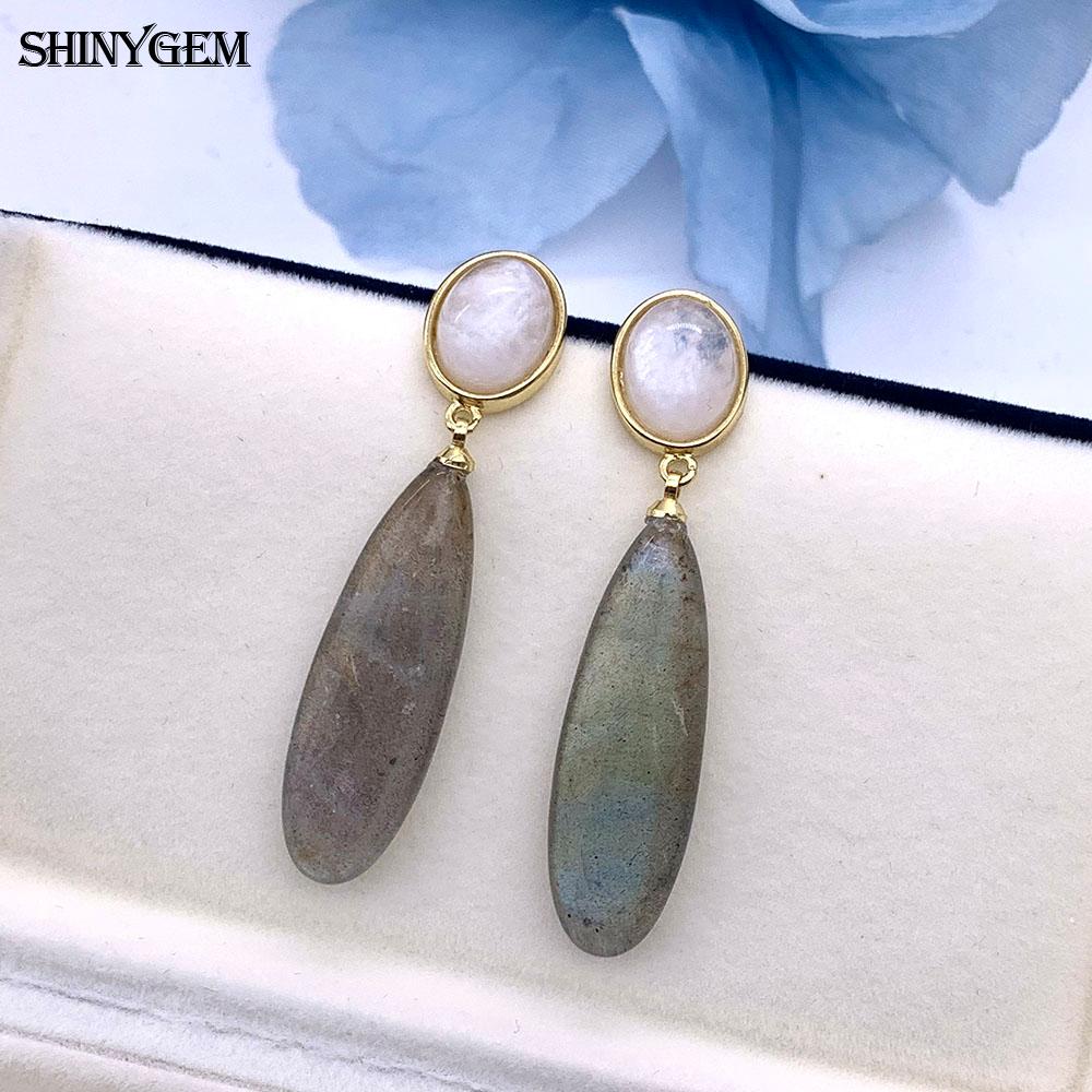 SHINYGEM Natural Stone Dangle Earrings, 925 Sterling Silver, Strawberry Crystal Amazonite Obsidian Tiger Eye Gemstone Pendant Earrings for Women