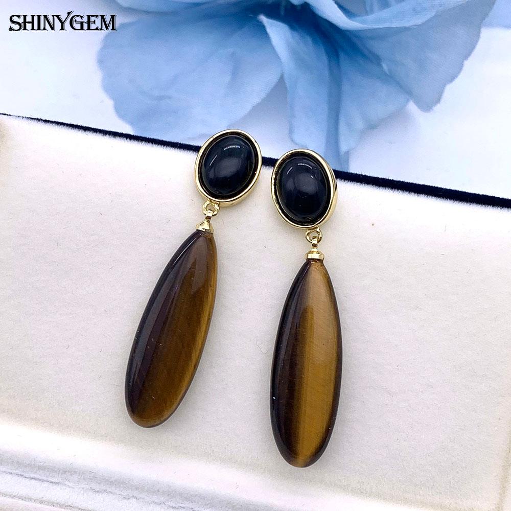 SHINYGEM Natural Stone Dangle Earrings, 925 Sterling Silver, Strawberry Crystal Amazonite Obsidian Tiger Eye Gemstone Pendant Earrings for Women