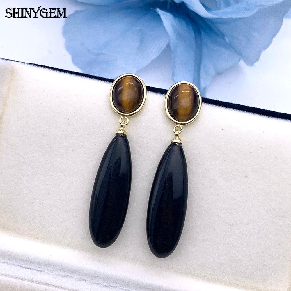 SHINYGEM Natural Stone Dangle Earrings, 925 Sterling Silver, Strawberry Crystal Amazonite Obsidian Tiger Eye Gemstone Pendant Earrings for Women