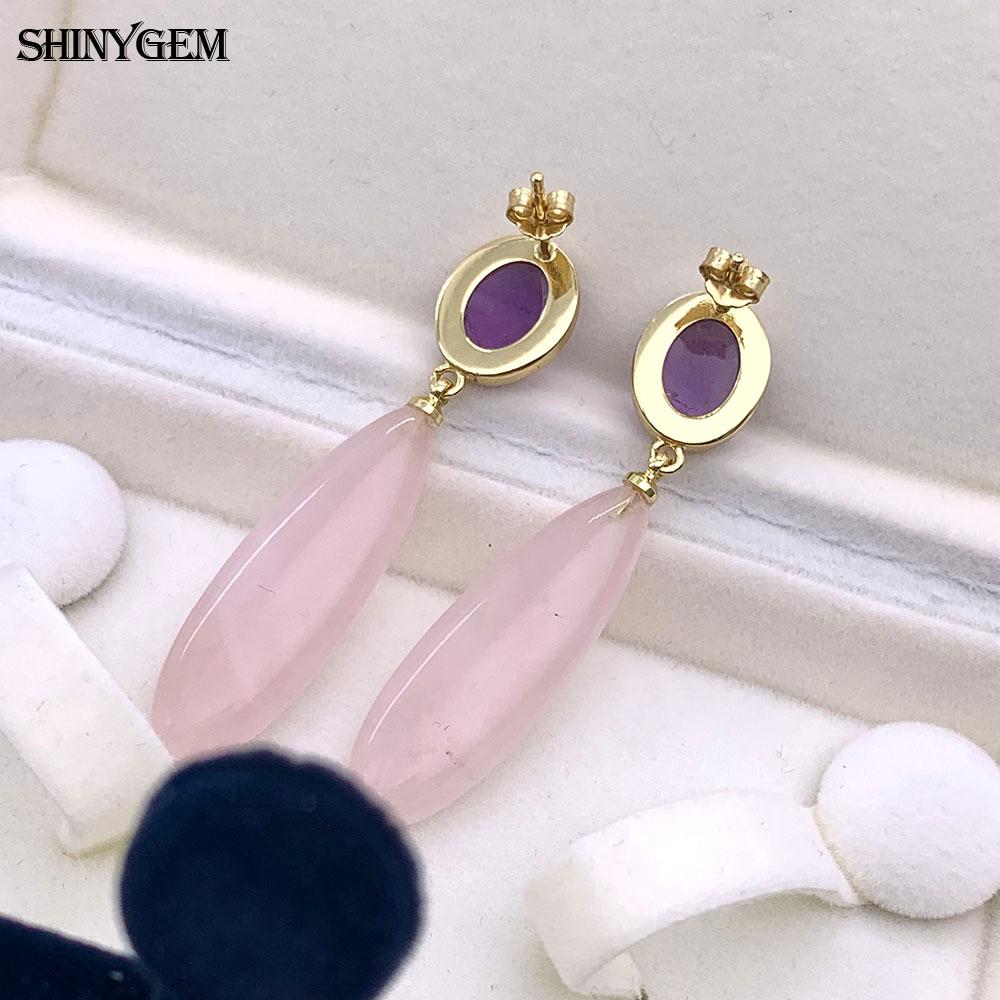 SHINYGEM Natural Stone Dangle Earrings, 925 Sterling Silver, Strawberry Crystal Amazonite Obsidian Tiger Eye Gemstone Pendant Earrings for Women