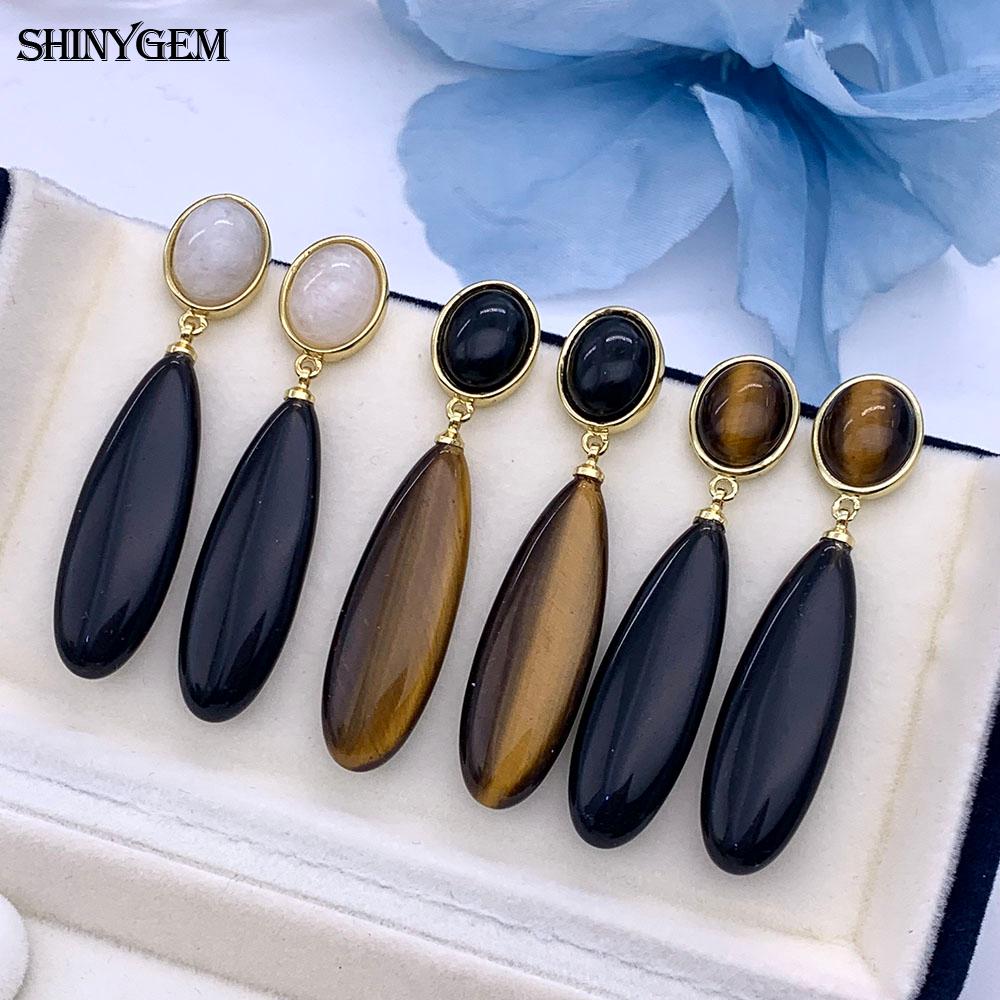 SHINYGEM Natural Stone Dangle Earrings, 925 Sterling Silver, Strawberry Crystal Amazonite Obsidian Tiger Eye Gemstone Pendant Earrings for Women