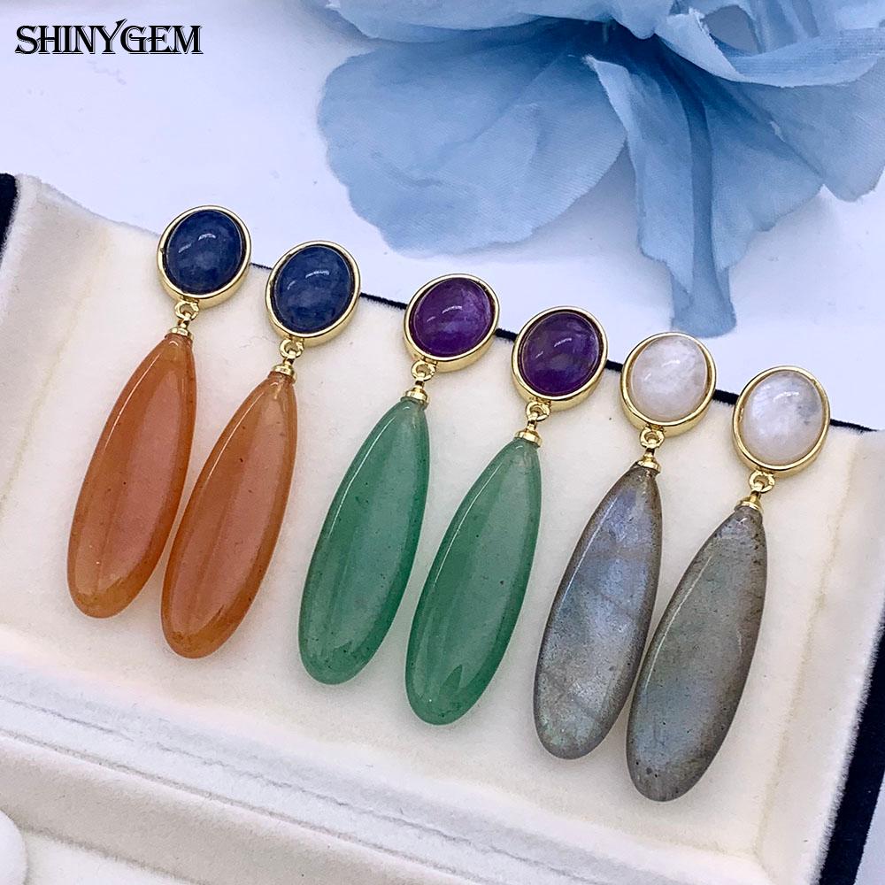 SHINYGEM Natural Stone Dangle Earrings, 925 Sterling Silver, Strawberry Crystal Amazonite Obsidian Tiger Eye Gemstone Pendant Earrings for Women