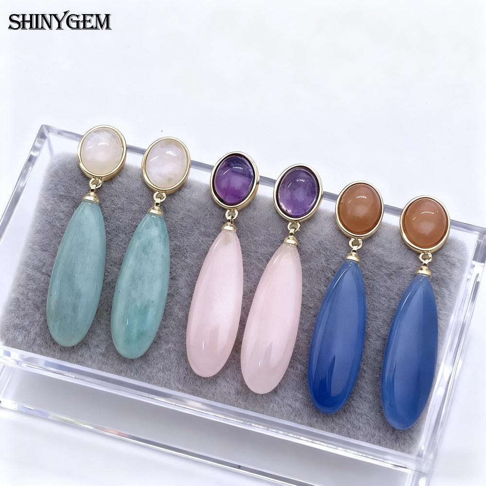 SHINYGEM Natural Stone Dangle Earrings, 925 Sterling Silver, Strawberry Crystal Amazonite Obsidian Tiger Eye Gemstone Pendant Earrings for Women