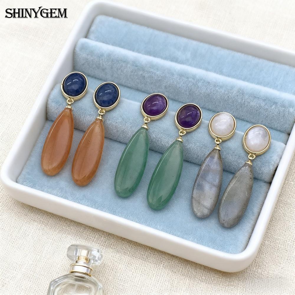 SHINYGEM Natural Stone Dangle Earrings, 925 Sterling Silver, Strawberry Crystal Amazonite Obsidian Tiger Eye Gemstone Pendant Earrings for Women