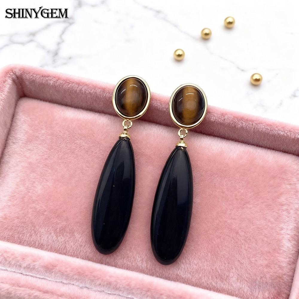 SHINYGEM Natural Stone Dangle Earrings, 925 Sterling Silver, Strawberry Crystal Amazonite Obsidian Tiger Eye Gemstone Pendant Earrings for Women