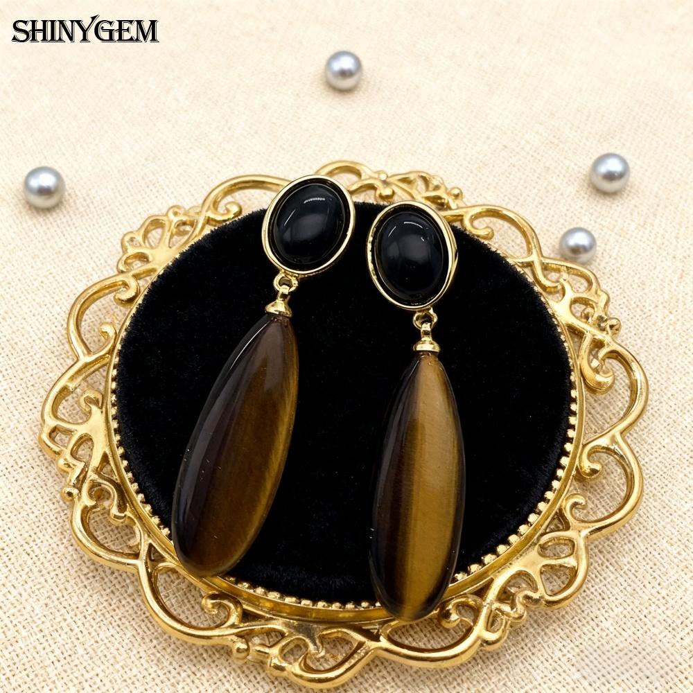 SHINYGEM Natural Stone Dangle Earrings, 925 Sterling Silver, Strawberry Crystal Amazonite Obsidian Tiger Eye Gemstone Pendant Earrings for Women