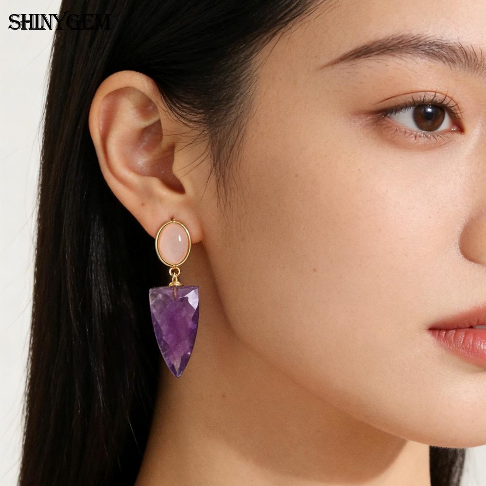 SHINYJEWELRY Natural Crystal Hand-Cut Arrow-Shaped Drop Earrings with 925 Silver Needles